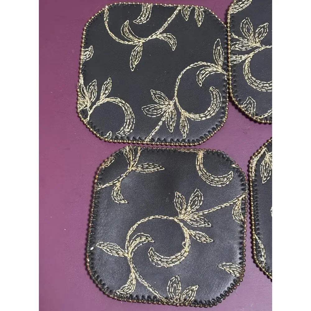 Lot Set of 6 Black Gold Silver Embroidered Coasters